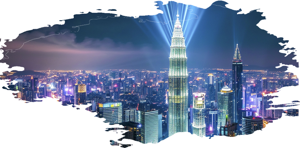 A vibrant nighttime cityscape featuring the illuminated Petronas Towers in Kuala Lumpur, Malaysia, with bright lights and skyscrapers against a dark sky, creating a stunning urban skyline.