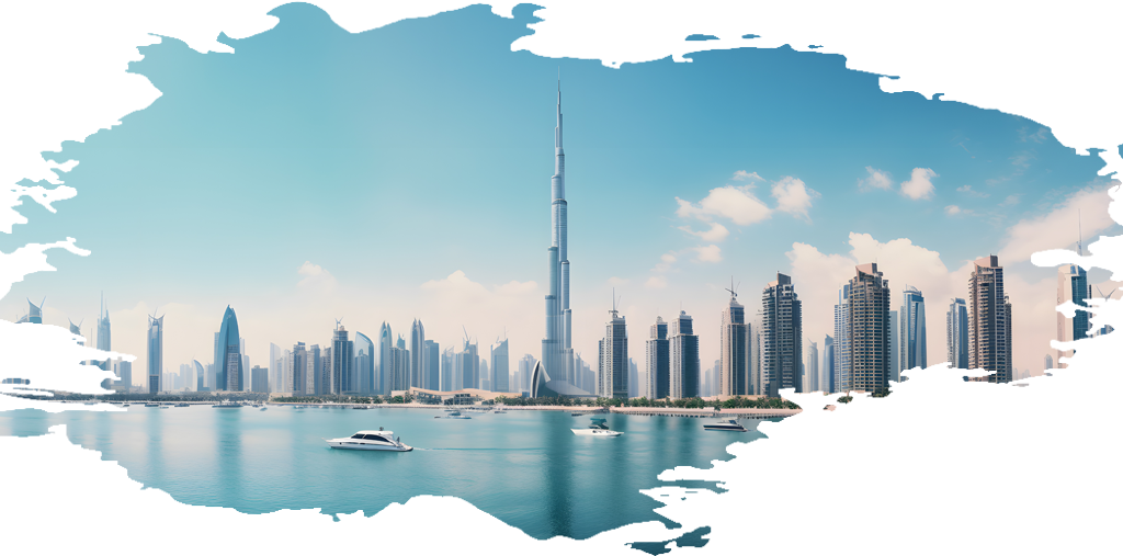 A breathtaking daytime view of Dubai's skyline, featuring the iconic Burj Khalifa surrounded by modern skyscrapers, with a serene waterfront and yachts cruising in the foreground under a clear blue sky.